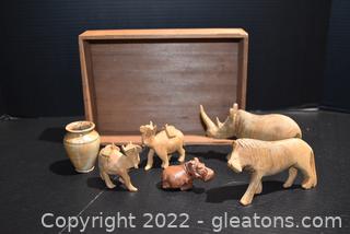 Hand Carved Wooden Animals and a Hand Turned Miniature Vase