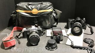 Minolta and Pentax Camera with Lenses and Bag