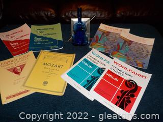 Learning to Play the Violin? Cobalt Glass Violin Decor and 8 Music Books 