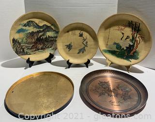 Painted Bamboo, Solid Copper and Gold Toned Serving Trays/Platters 