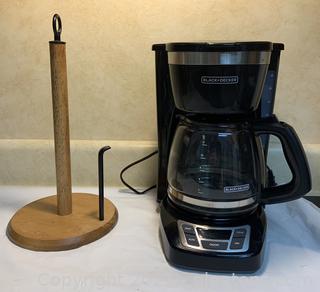 Black and Decker Coffee Maker and a Wooden Paper Tower Holder