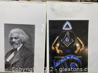 Various Posters Including Historical Figures and Black Masonic Art 