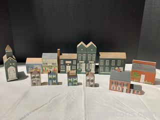 Set of Wooden block Houses Church and Village