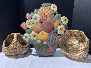 Metal Painted Garden Fruit Mural with 2 Baskets