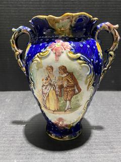Antique Victorian Cobalt Blue Porcelain Double Handled Vase 