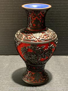 Carved Chinoiserie Black and Red Cinnabar Lacquer Vase 