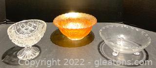 Amber Carnival Glass-Fostoria Century-and A Cut Glass Etched Pedestal Bowl 