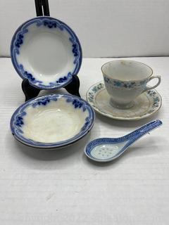 The Olympic Flo Blue Saucers (3), Vintage Blue Patterned Porcelain Asian Soup Spoon, Vintage Saucer & Tea Cup Set