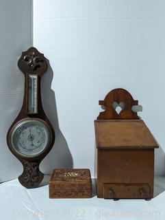 Aneroid Barometer & Carved Wood Set 