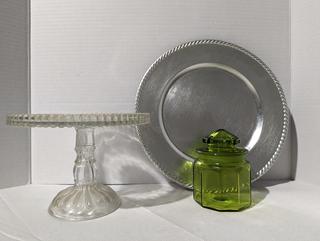Green 10 Paneled Glass Canister, Clear Glass Pedestal Cake Stand, & Charger 