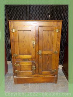 Antique Oak (Stained) Ice Box with Enamel Interior. Unbranded 