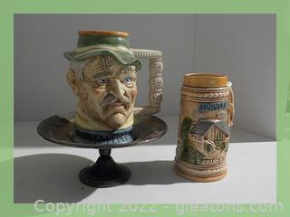 Magrou Ceramic Toby Mug From Portugal, Opryland Stein and 1 Weighted Silver Pedistal Dish 