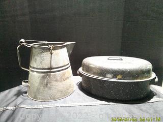 Vintage Grey Kettle Coffee Pot & Vintage Black Speckled Roasting Pan 