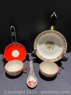 Vintage Oriental Detailed Scenery Teacups, Porcelain Bowl, Spoon 