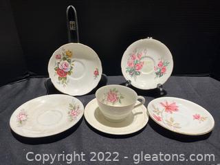 Vintage Floral China Saucers & Teacup (6)