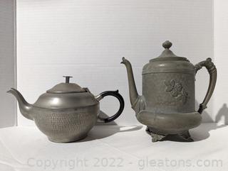 Unique Pair of Hand Beaten Pewter Teapots 