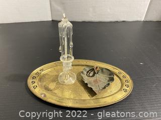 Thailand Brass Oval Plate, Brass Leaf Decor and Glass oil Drip Candle 