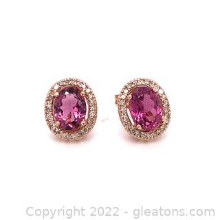 $2,700 Appraised 2 Carat Tourmaline and Diamond 14K Rose Gold Earrings