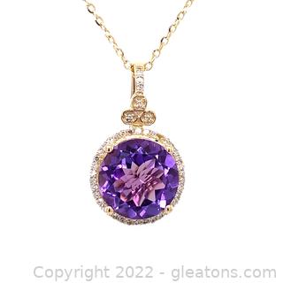 $1,800 Appraised 2.4 Carat Amethyst and Diamond Pendant 14K including Chain