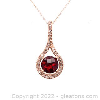 $900 Appraised 1.2 Carat Garnet and Diamond 14K Rose Gold Drop Pendant Including Chain