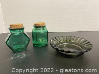 Little Green Glass Jars & Glass Ashtray Lot 