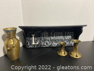 Live Laugh Love Wall Shelf Along with Brass Vase with Rope Design & Two Candle Holders 