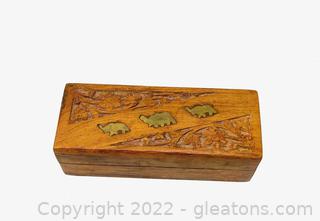 Vintage Wooden Jewelry Keepsake Box W/ Carved Wood & Metal Inlay 