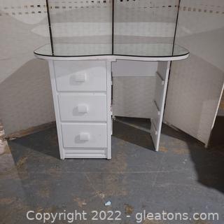 Small White Wooden Desk/Vanity with Mirror Top 