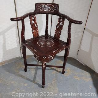 Beautiful Hand Carved Corner Chair with Mother of Pearl Inlay 