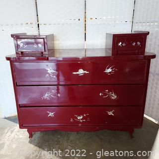 Red Lacquer Chest of Drawers with Mother of Pearl Inlays 