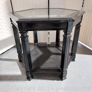Black Hexagon End Table with Glass Top and Cane Bottom 