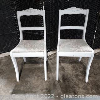 Pair of White Distressed Side Chairs with Upholstered Seat 