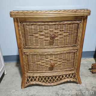 Nice Brown Wicker 2 Drawer Cabinet with Glass Top 