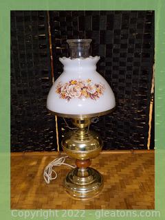 Goldtone Hurricane Lamp with Glass Globe, Floral Accent 
