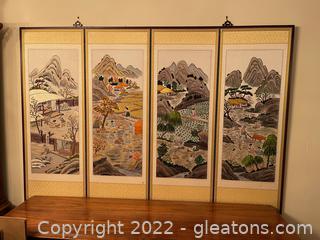 Unique Asian Inspired Silk Embroidered Fabric & Wood Framed Wall Panels (4 Panels) 