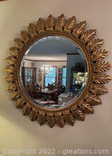 Gold Round Wood Decorative Beveled Mirror 