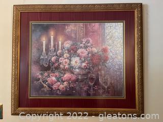 Framed & Matted Picture of Roses W/ Candlesticks on Table 