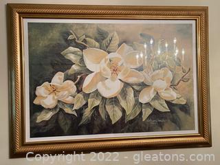 Large Signed Framed Picture of Magnolia Flowers 