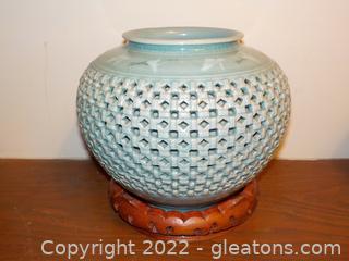 Vintage Korean Celadon Crackle Glazed Basket Weave Vase