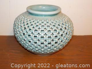 Vintage Korean Celadon Crackle Glazed Basket Weave Vase