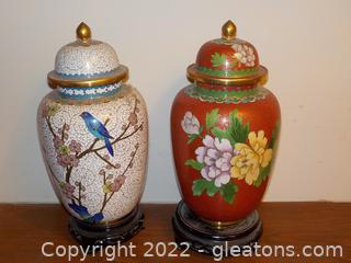 Mid-Century Pair of Cloisonne Lidded Vases/Jars