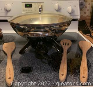 Presto Stainless Steel Electric Wok with Lid and Wooden Utensils                