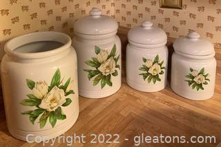 Four Ceramic Canisters with Magnolias by Banana Appeal 