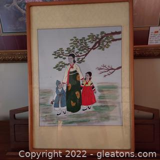 Gorgeous Japanese Silk Thread Framed Art Lady and 2 Kids 