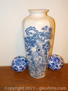 Blue and White “5 Blessings” 8-Sided Chinese Vase 