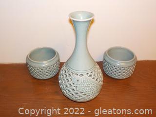 3 Piece Asian Decor Set-1 Small Vase with 2 Small Trinket Bowls 