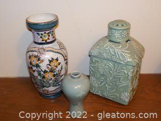 Chinese Handpainted Vase, Small Celadon Vase and a Fragrance Diffuser Diffuser (3pc) is 4”w x 3”d x 8”h 
