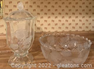 Two Vintage Frosted Crystal Pieces with Roses 