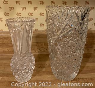 Two Heavy Cut Crystal Vases with Etching 