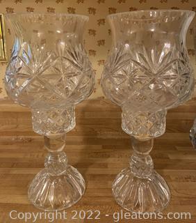 Pair of Vintage Hand Cut Lead Crystal 2pc Hurricane Lamps 